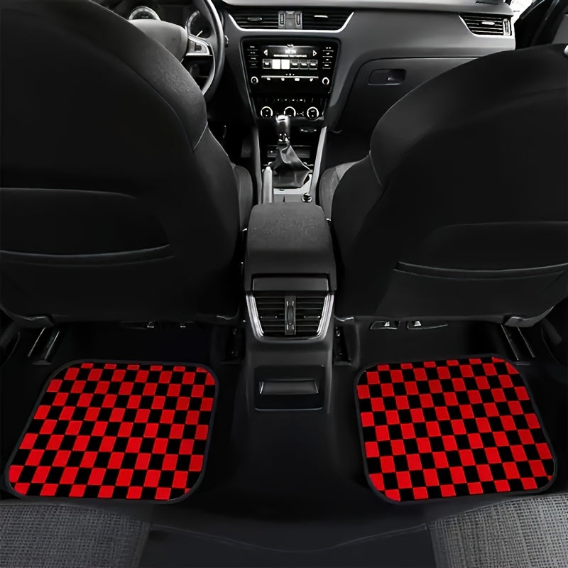 Lot de 4 Tapis de Sol Voiture Rouges À Carreaux – Polyester Résistant Universel