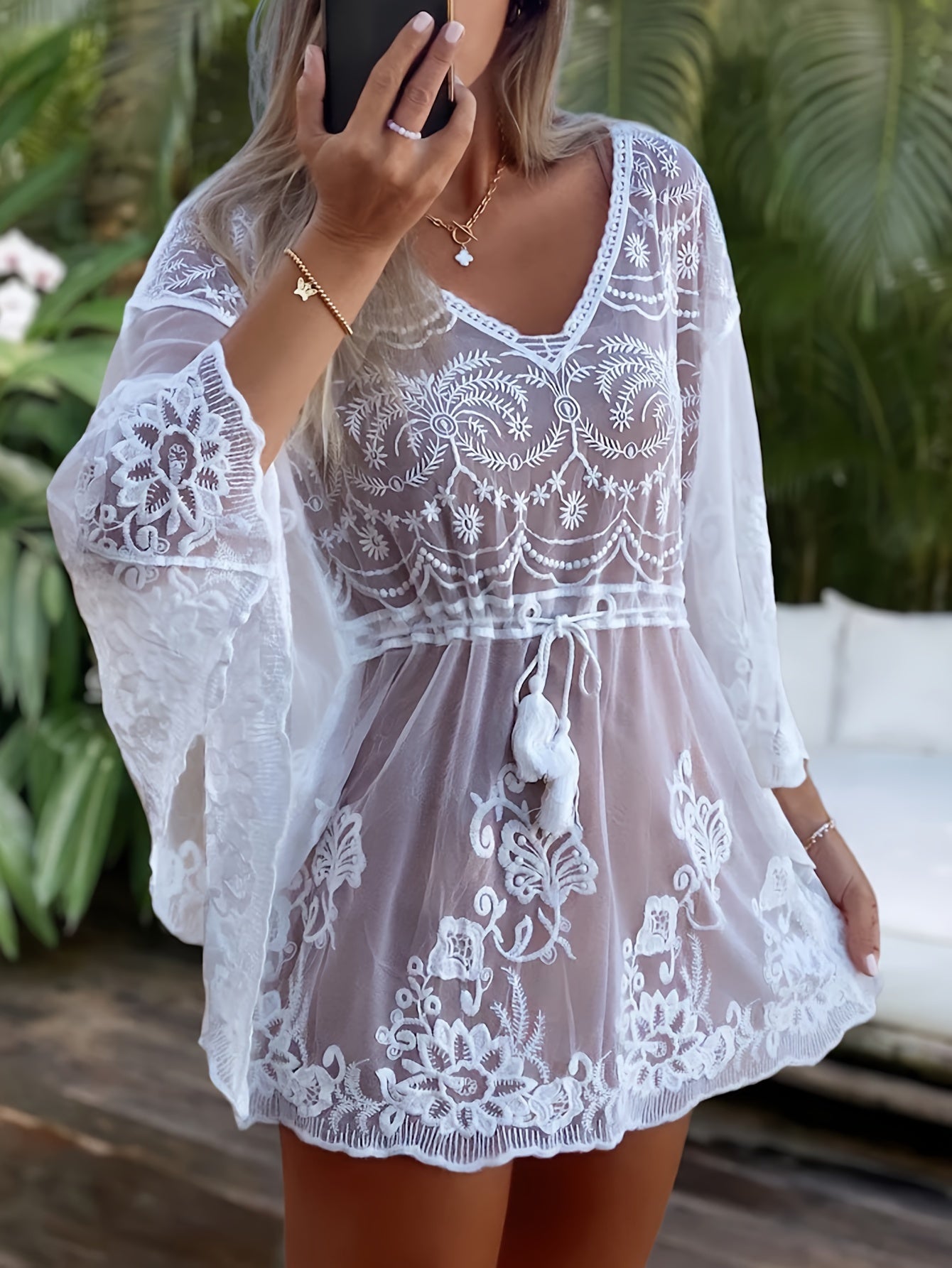 Cache-Maillot Femme Plage Col en V Manches Chauve-Souris Design Ajoure Maille Contrastee - 90% Polyester Elasthanne Blanc Taille Unique