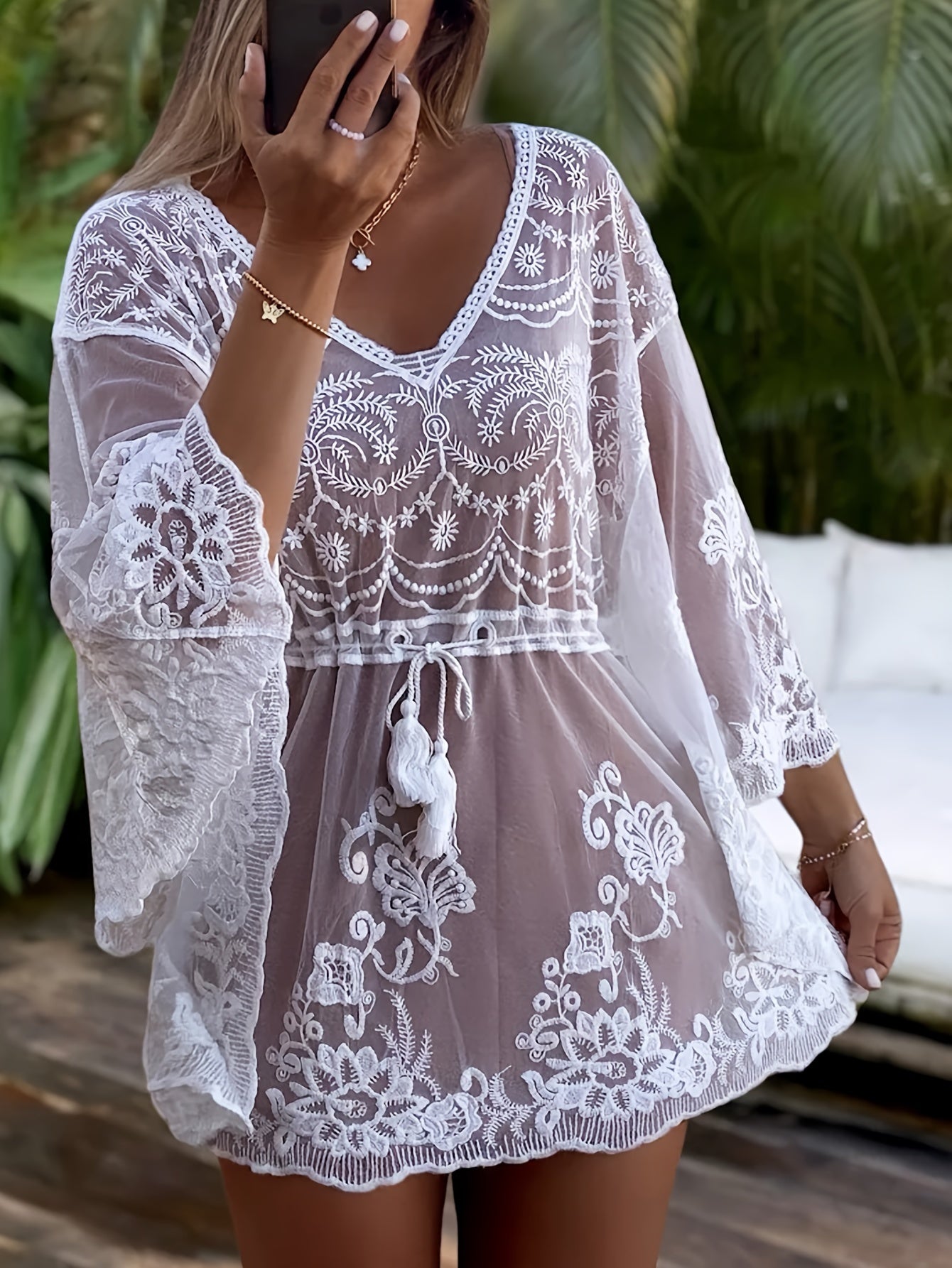 Cache-Maillot Femme Plage Col en V Manches Chauve-Souris Design Ajoure Maille Contrastee - 90% Polyester Elasthanne Blanc Taille Unique