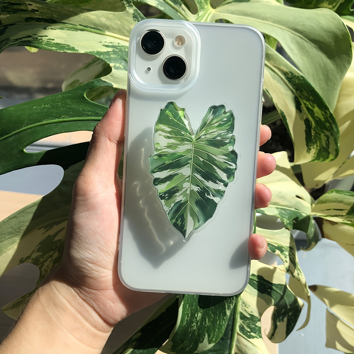 Support Téléphone Feuille Tropicale – Acrylique PMMA, Rotatif, Coussinet Adhésif, 8 Coloris
