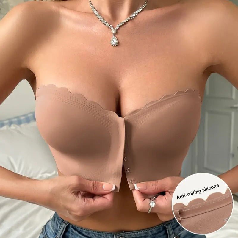 Soutien-gorge tube top sans coutures - Fermeture avant, bord ondule, nylon doux, 4 coloris