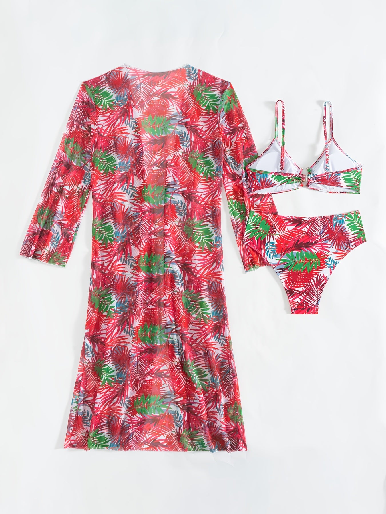Ensemble Bikini 3 Pieces Femme - Motif Tropical, Col en V, Manches Longues