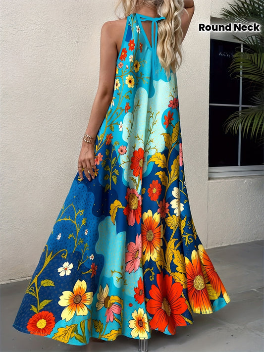 Robe Longue Sans Manches Imprimé Floral – Col Rond, Coupe Trapèze, Style Décontracté Printemps-Été