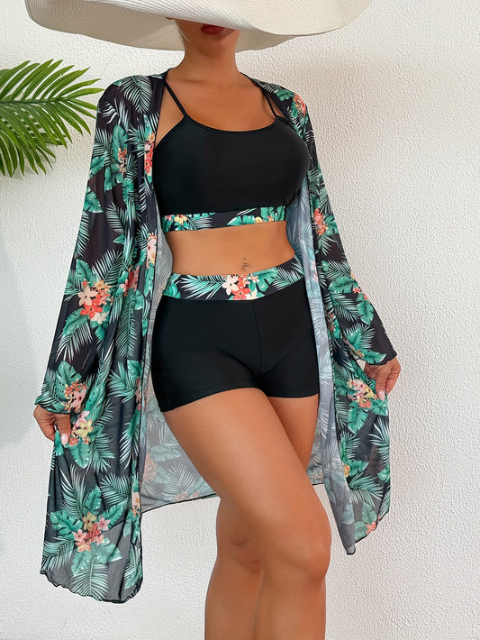 Maillot de Bain 3 Pieces Femme Taille Haute Imprime Tropical - 82% Polyester Elasthanne Tres Extensible S-XL