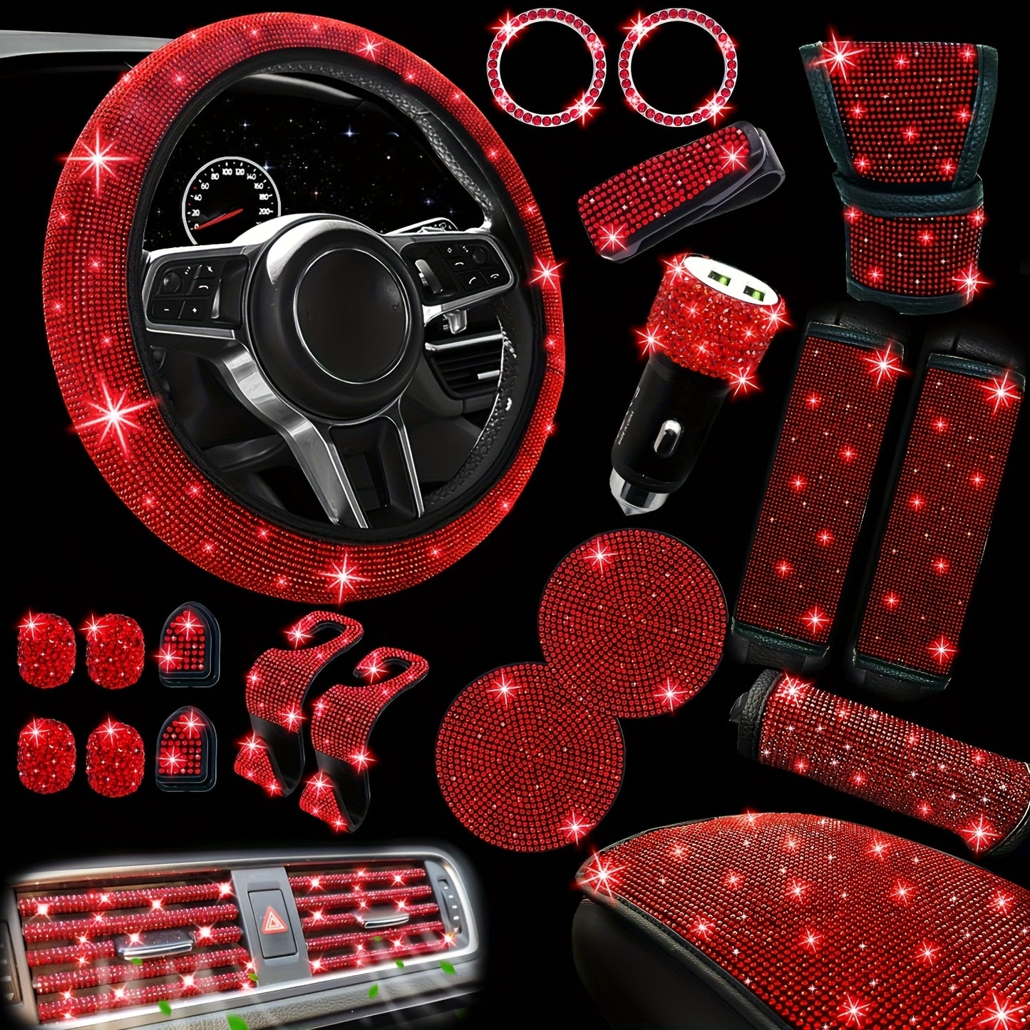 Kit 30 Strass Decoration Interieur Voiture - Volant & Grilles d'Aeration