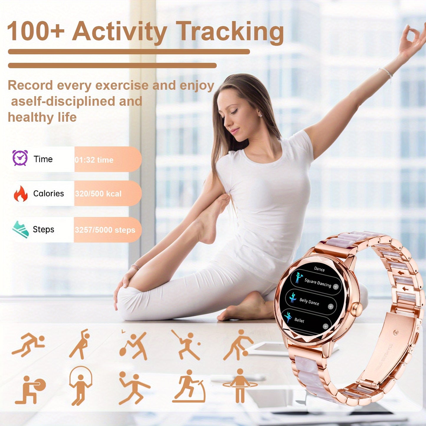 Montre Connectee Femme Elegante Bracelet Acier Inoxydable Ecran TFT 1.19 Bluetooth 5.3 - Suivi Cycle Sommeil Calories Podometre Compatible Android iPhone Rose Dore Argente