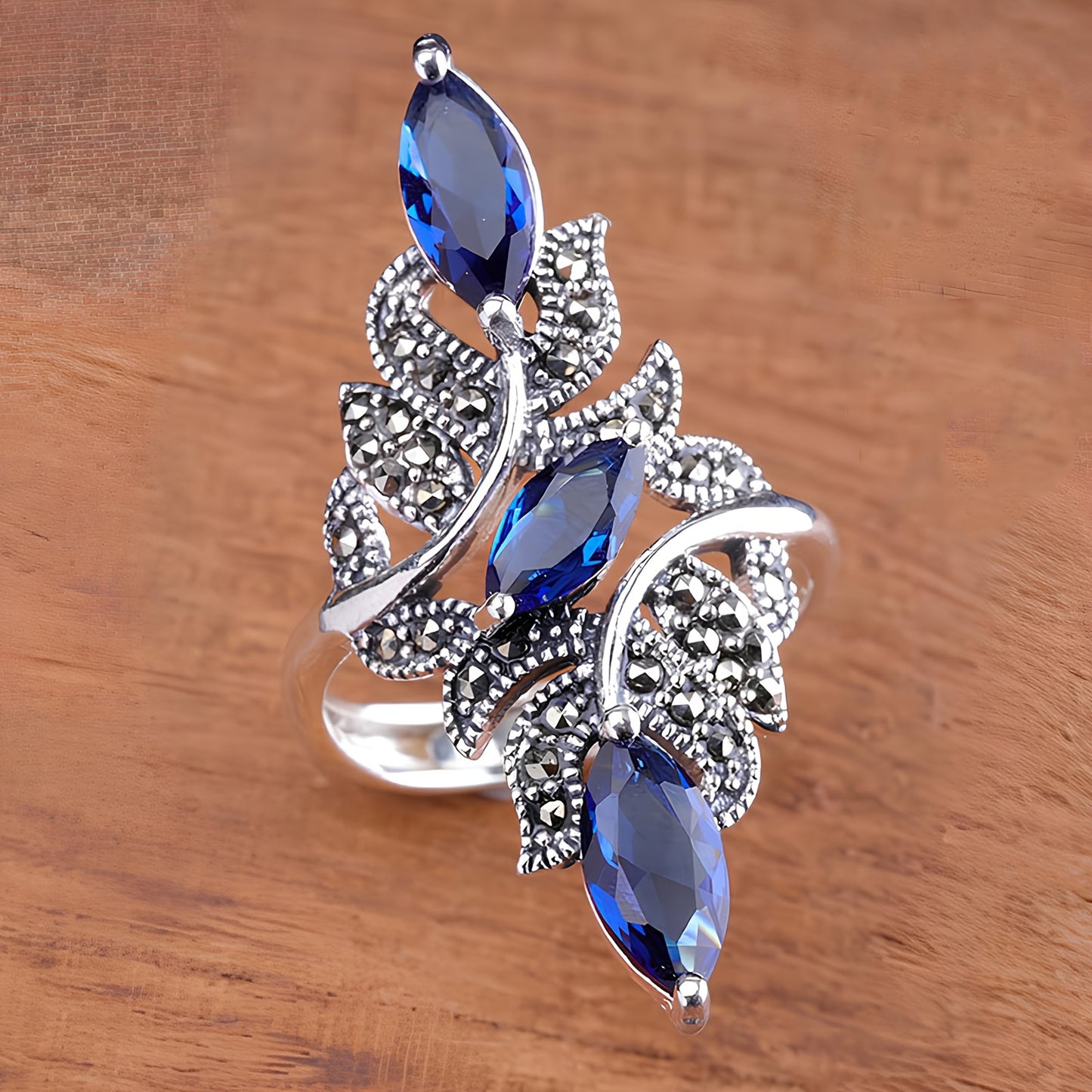 Bague large ajustable femme cuivre plaque blanc K - Zircone cubique feuille, style luxe paillete, bleu, taille unique