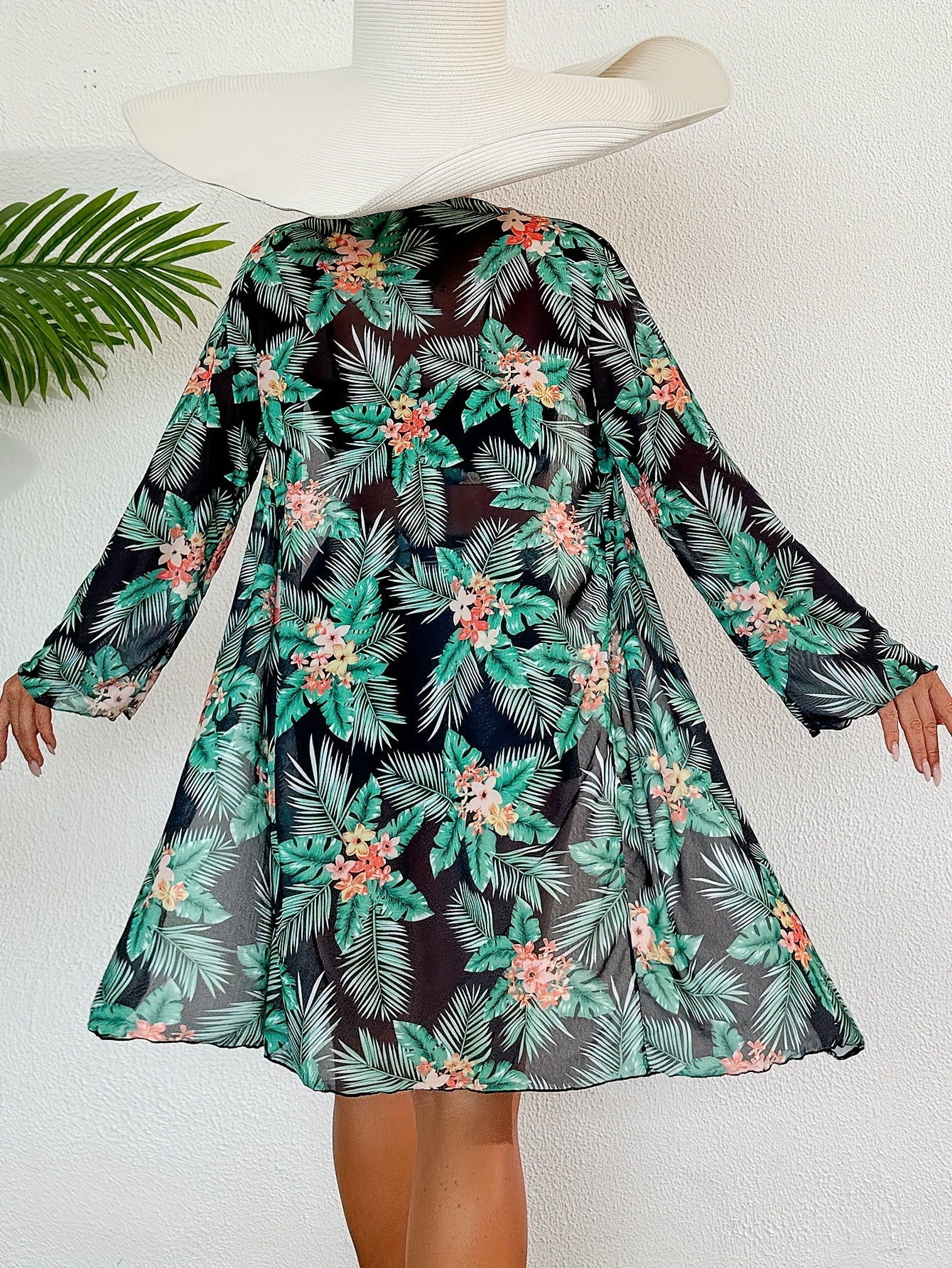 Maillot de Bain 3 Pieces Femme Taille Haute Imprime Tropical - 82% Polyester Elasthanne Tres Extensible S-XL
