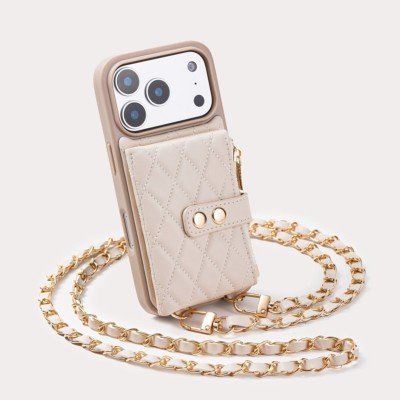 Coque iPhone Portefeuille Matelassee Similicuir Porte-Cartes Bandouliere Chaine - iPhone 11 a 17 Pro Max Beige Noir Rouge