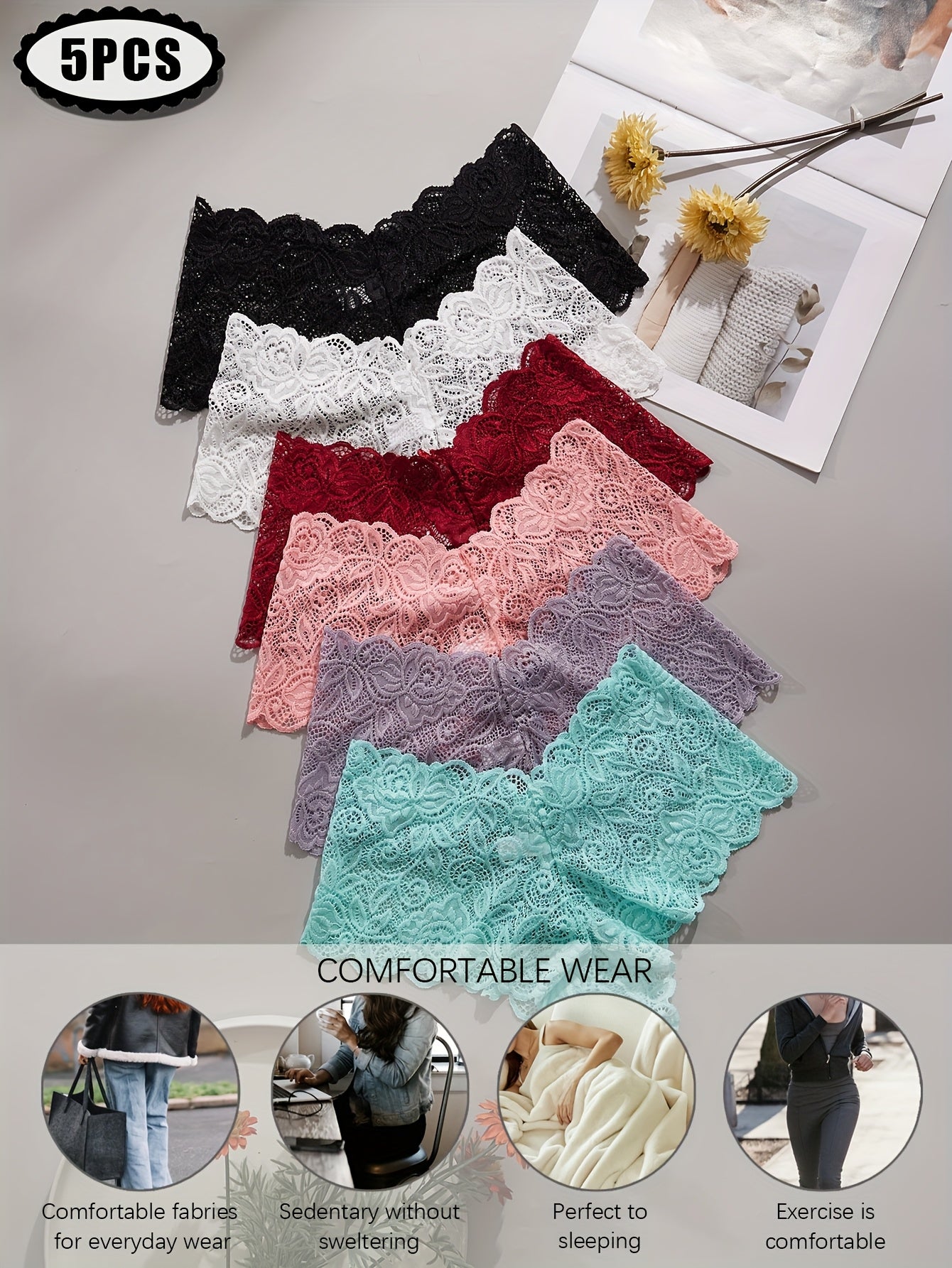 Lot de 5 Culottes en Dentelle Taille Basse Femme - Style Elegant