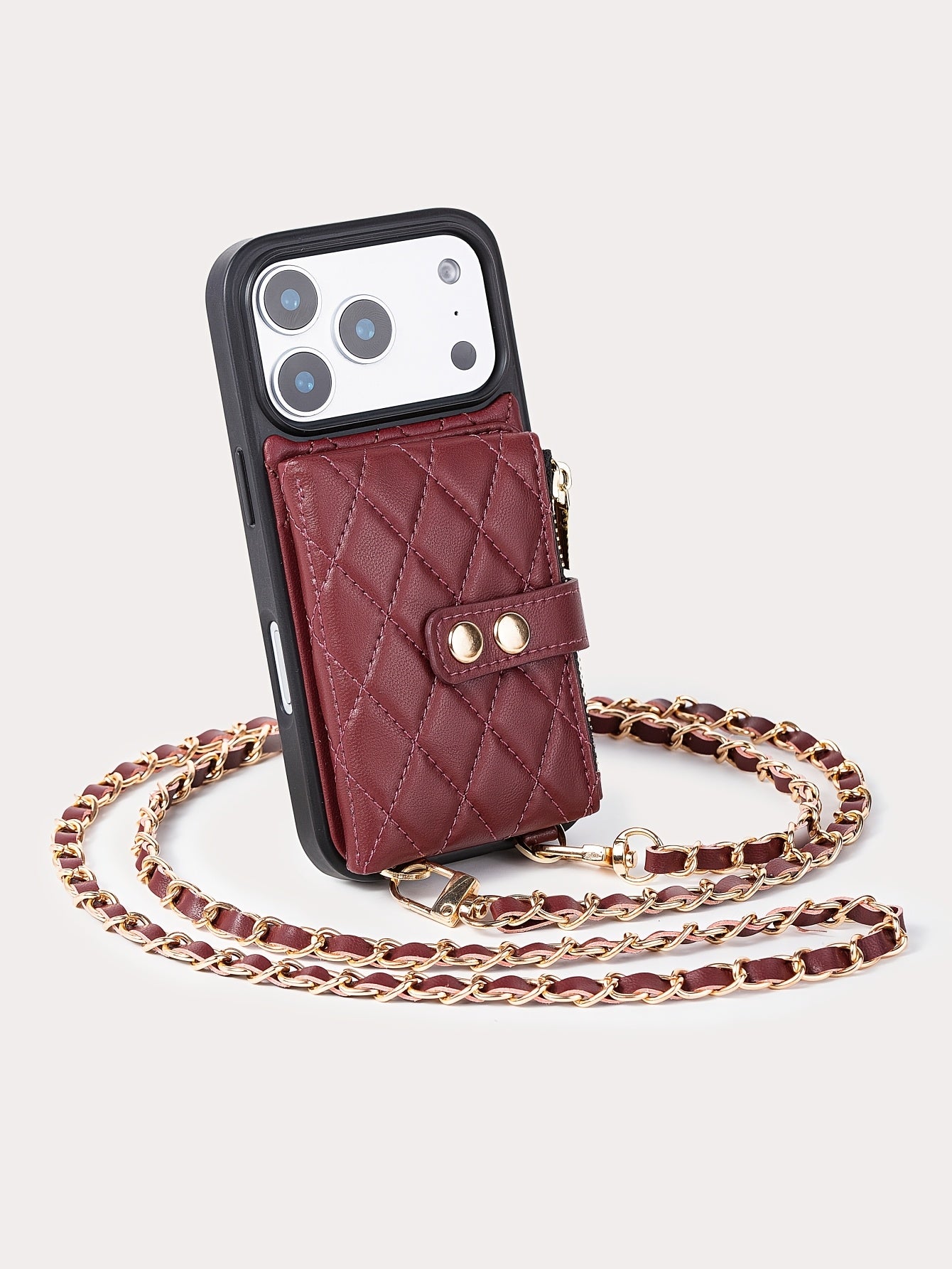 Coque iPhone Portefeuille Matelassee Similicuir Porte-Cartes Bandouliere Chaine - iPhone 11 a 17 Pro Max Beige Noir Rouge