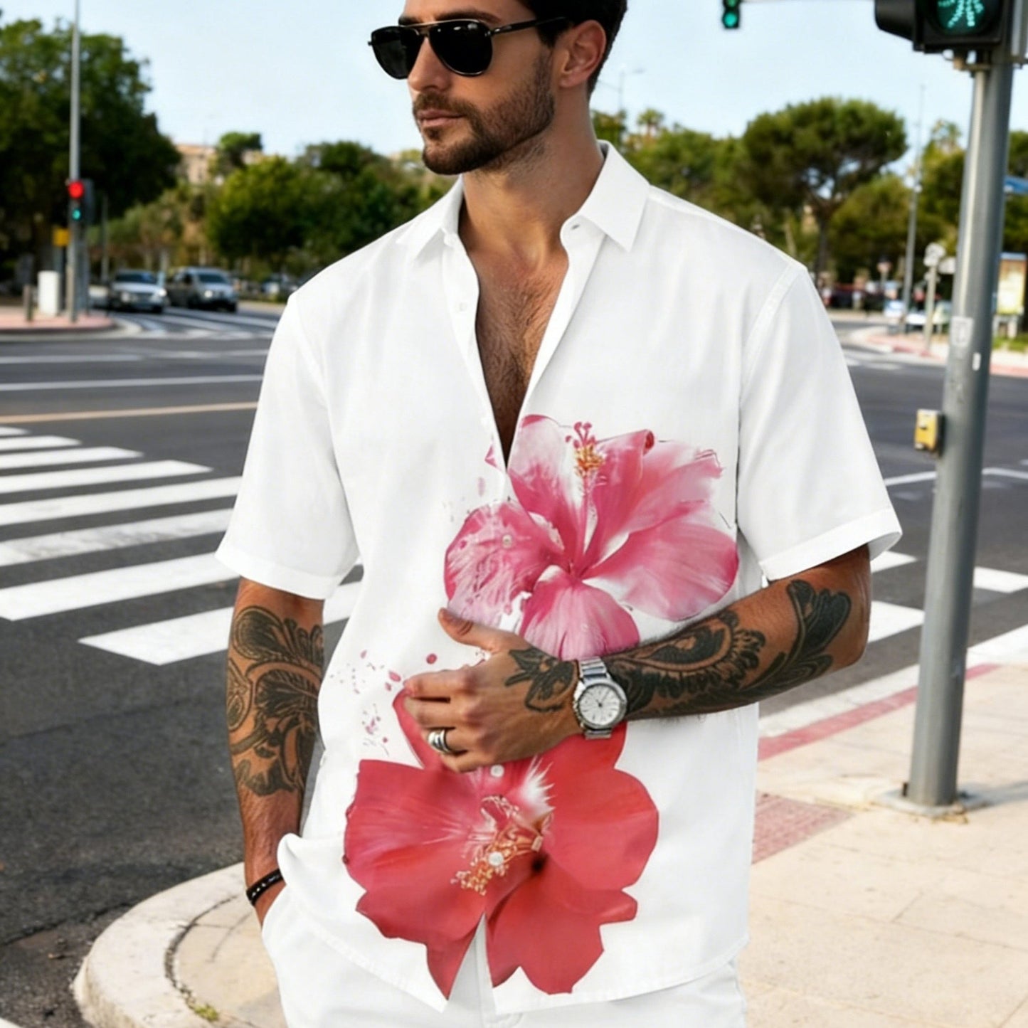 Chemise homme fleurie hibiscus manches courtes - Style décontracté été