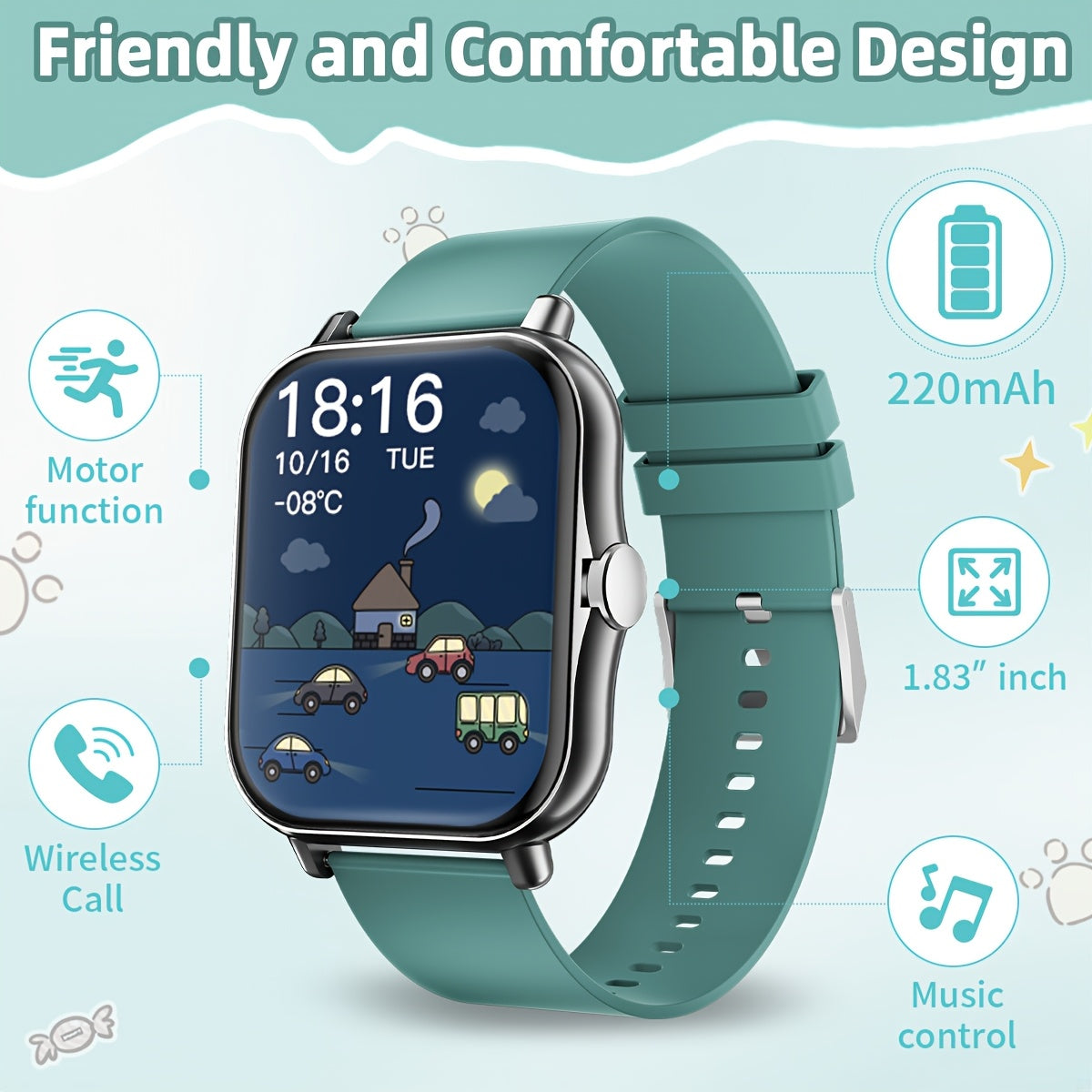 Montre Connectee Enfants Ados Ecran Tactile - Podometre, Musique, Calendrier, Alarme, Bracelet Silicone, 6 Coloris