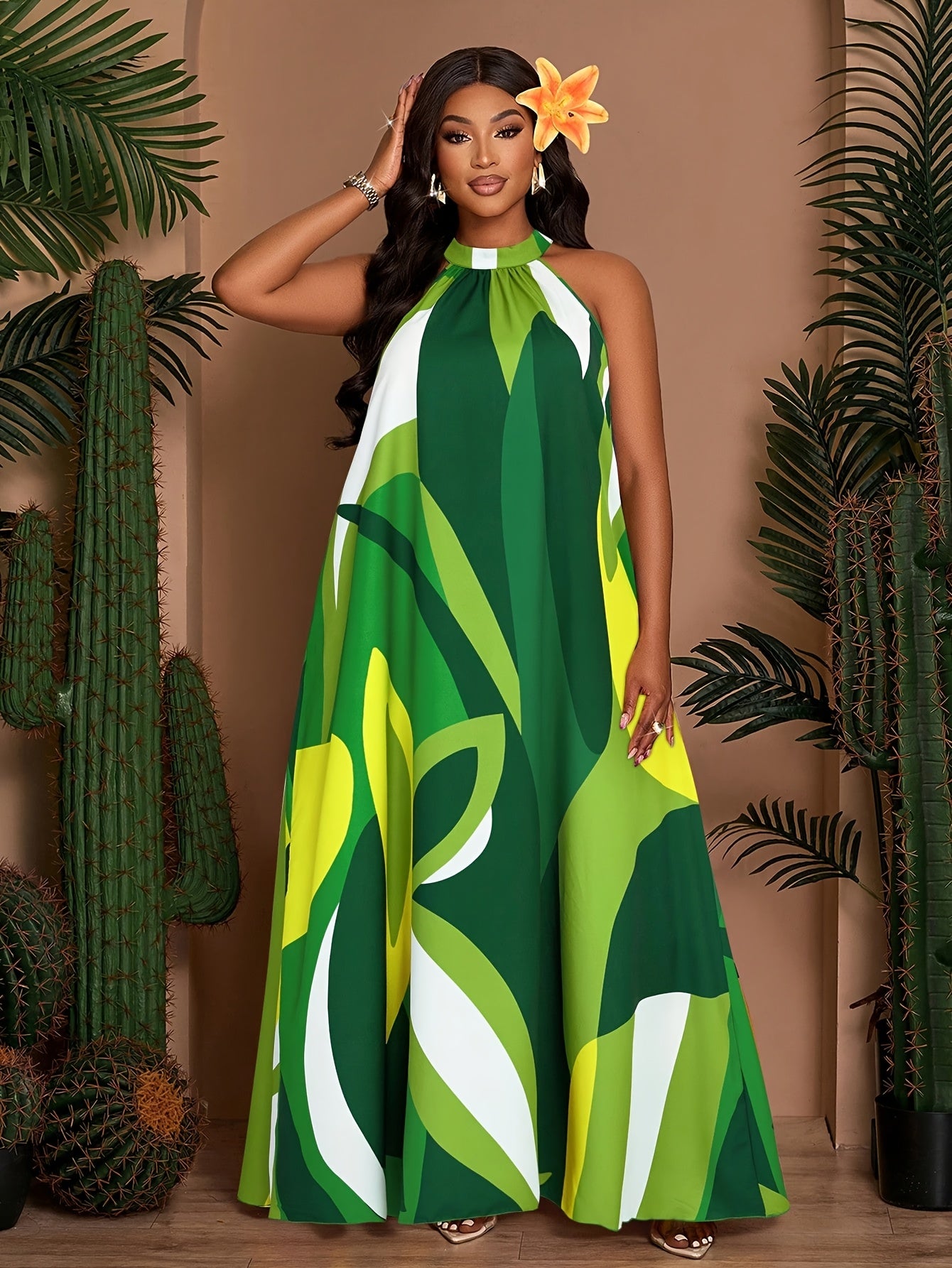 Robe longue plage femme grande taille imprimee - Col rond, coupe trapeze, nouage taille, poches, sans manches, vert ou jaune, L a 4XL