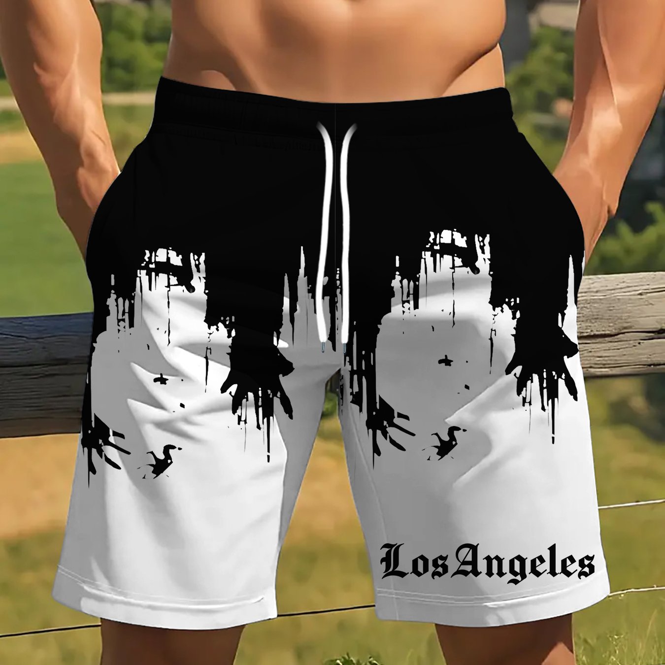 Short Homme Motif Géométrique Noir & Blanc – 100% Polyester, Coupe Standard | FR S à XXL