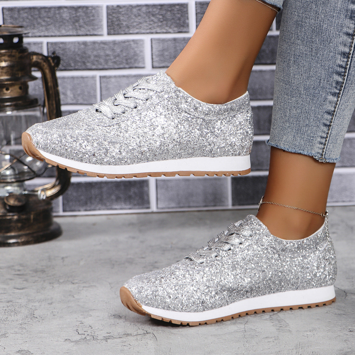 Chaussures Plates Paillettes Femme – Lacets, Bout Rond, Semelle Caoutchouc