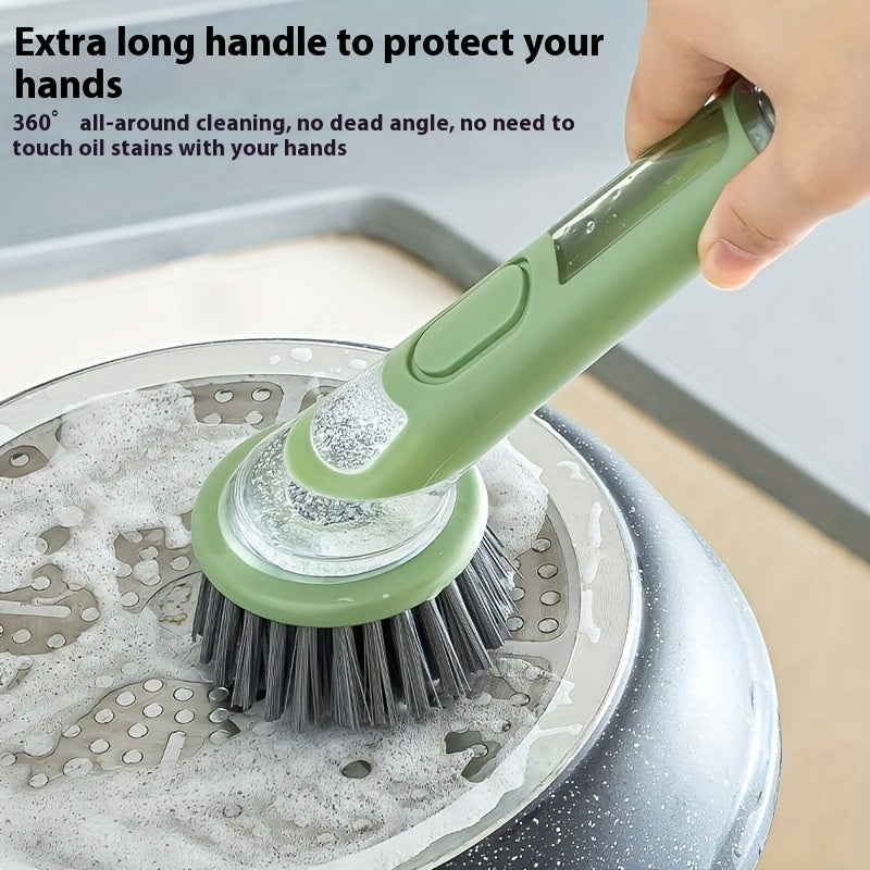 Brosse vaisselle ergonomique distributeur savon integre - Manche allonge, tete interchangeable, plastique, vert