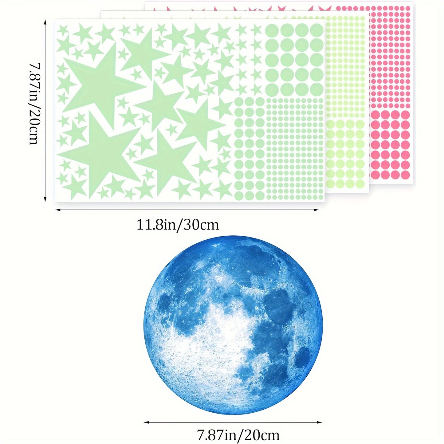 Three sheets of green and pink star and dot stickers above a large blue round moon decal with 11.8in and 7.87in dimensions.