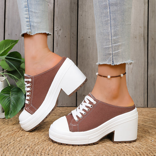 Mules Femme Talon Compense Lacets Tissu Semelle PU - Bout Rond Decontracte Noir Marron EU 36-42