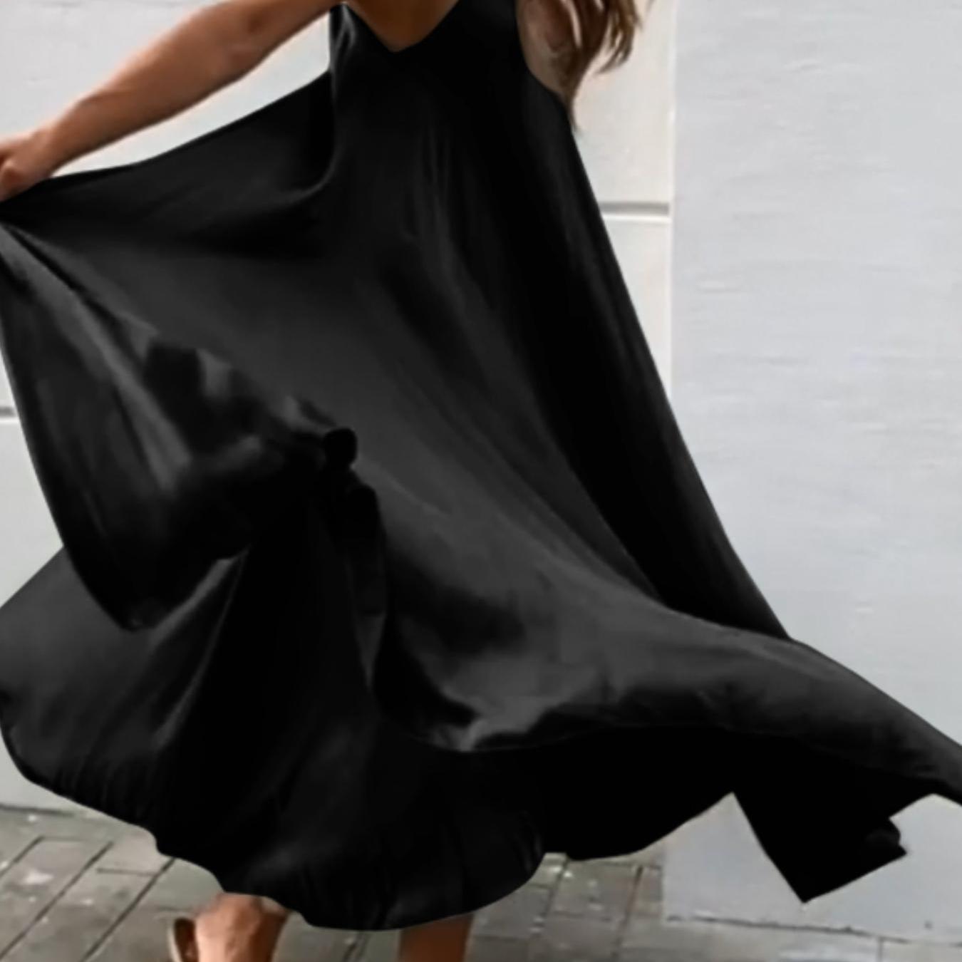 Robe Longue Élégante Grande Taille Femme — Coupe Fluide, Col Ras du Cou, Noir, 1XL-5XL
