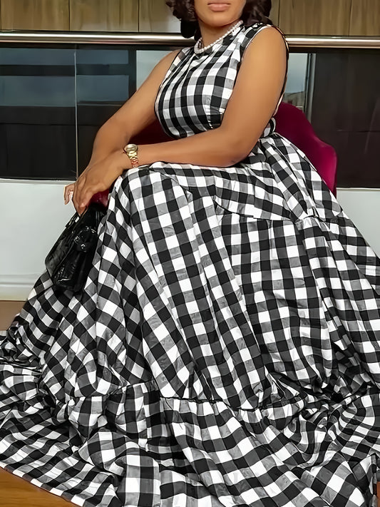 Robe ete femme carreaux sans manches - Col rond, coupe ajustee evasee, jupe multicouche, boutons, bleu ou noir, S a XXL