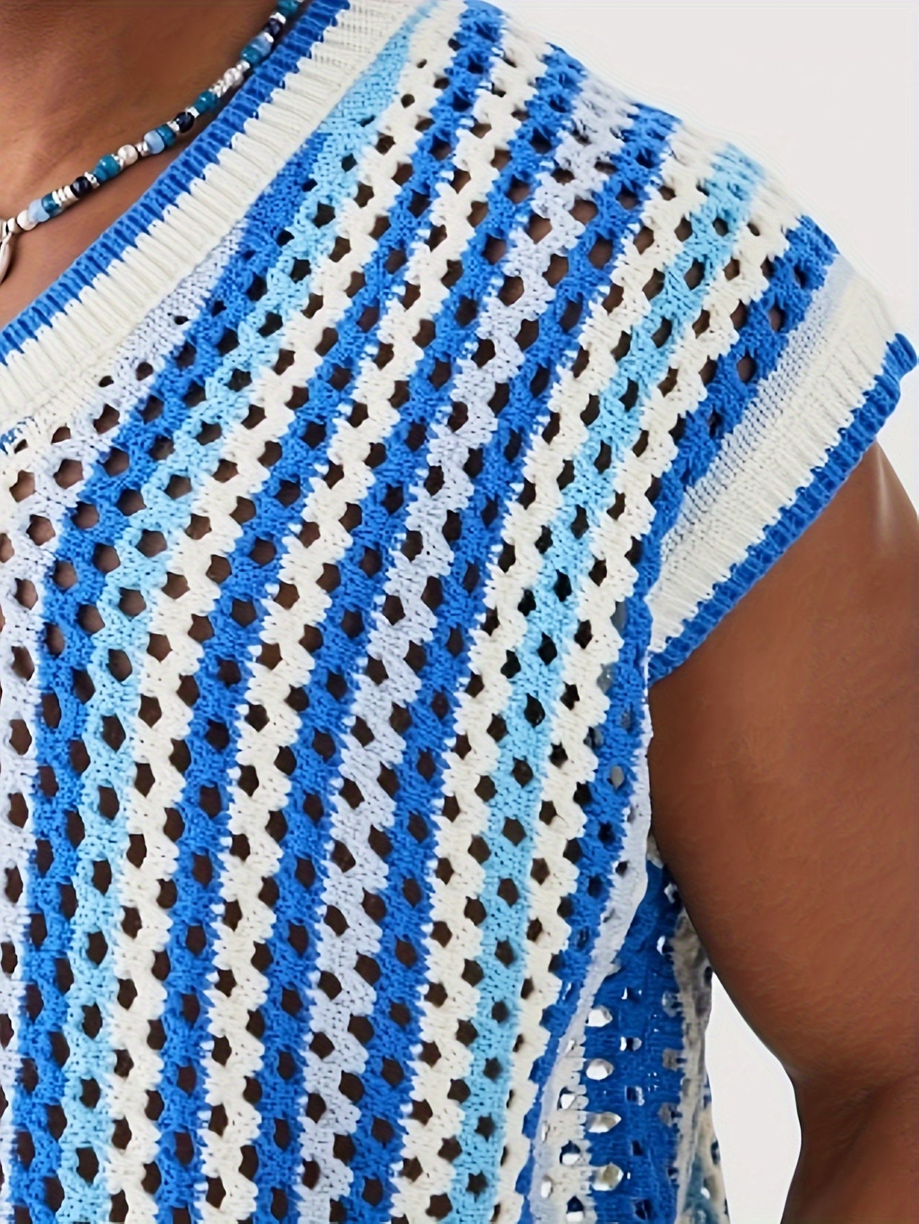 Gilet Ajoure Crochet Col V Sans Manches - Style Vacances Rayures FR S a XXL