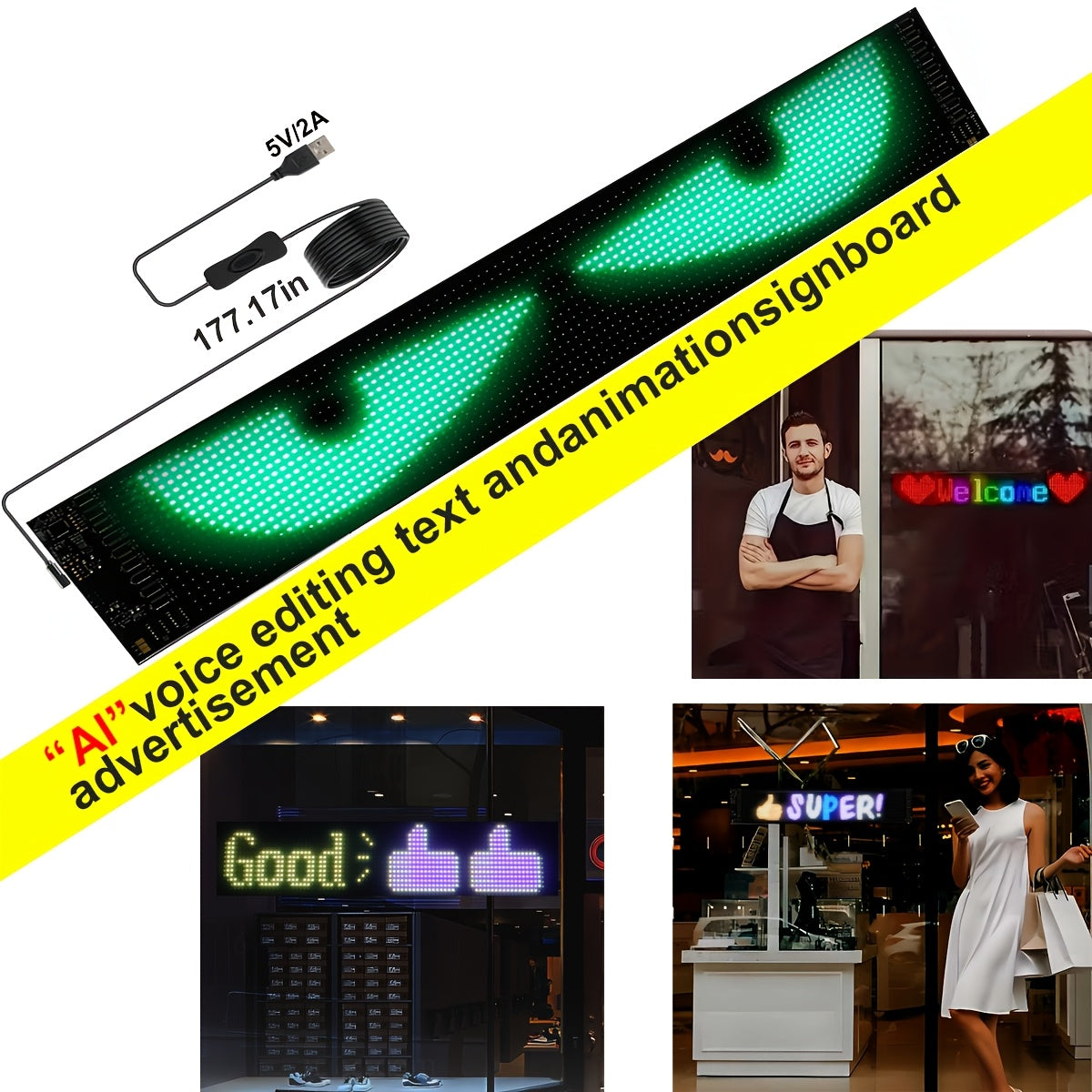 Ecran LED Flexible Controle Vocal Sans Fil Application IA - Lunette Arriere Voiture Vitrine Magasin 3 Tailles