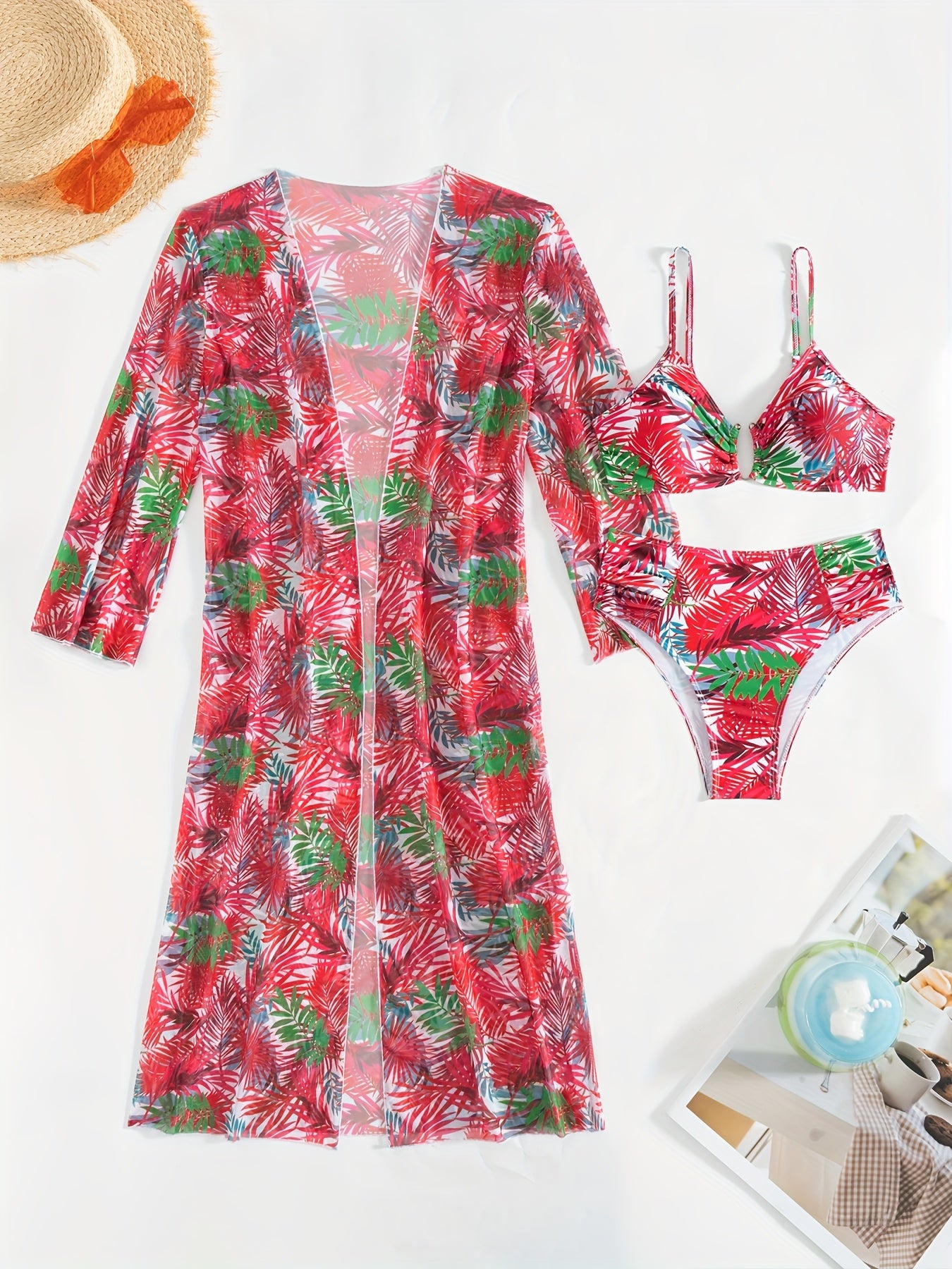 Ensemble Bikini 3 Pieces Femme - Motif Tropical, Col en V, Manches Longues