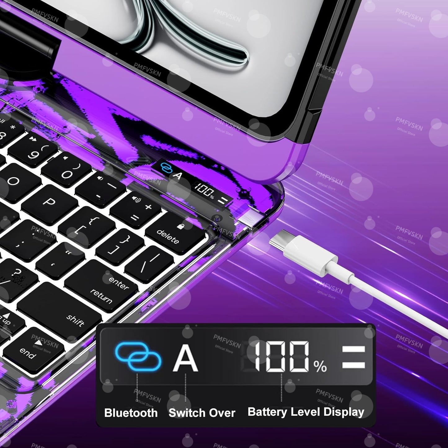 Étui Clavier Bluetooth iPad Transparent Rotatif 360° - Pavé Tactile Porte-Crayon Rétroéclairage 7 Couleurs
