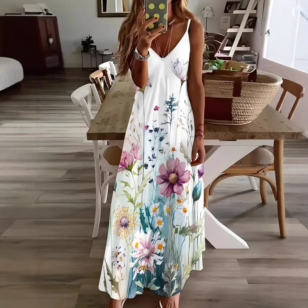 Robe longue sans manches femme - Imprimé 3D, bretelles, style romantique