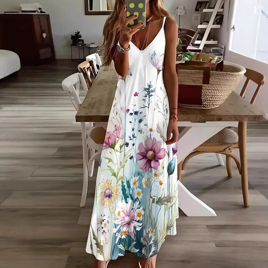 Robe longue sans manches femme - Imprimé 3D, bretelles, style romantique