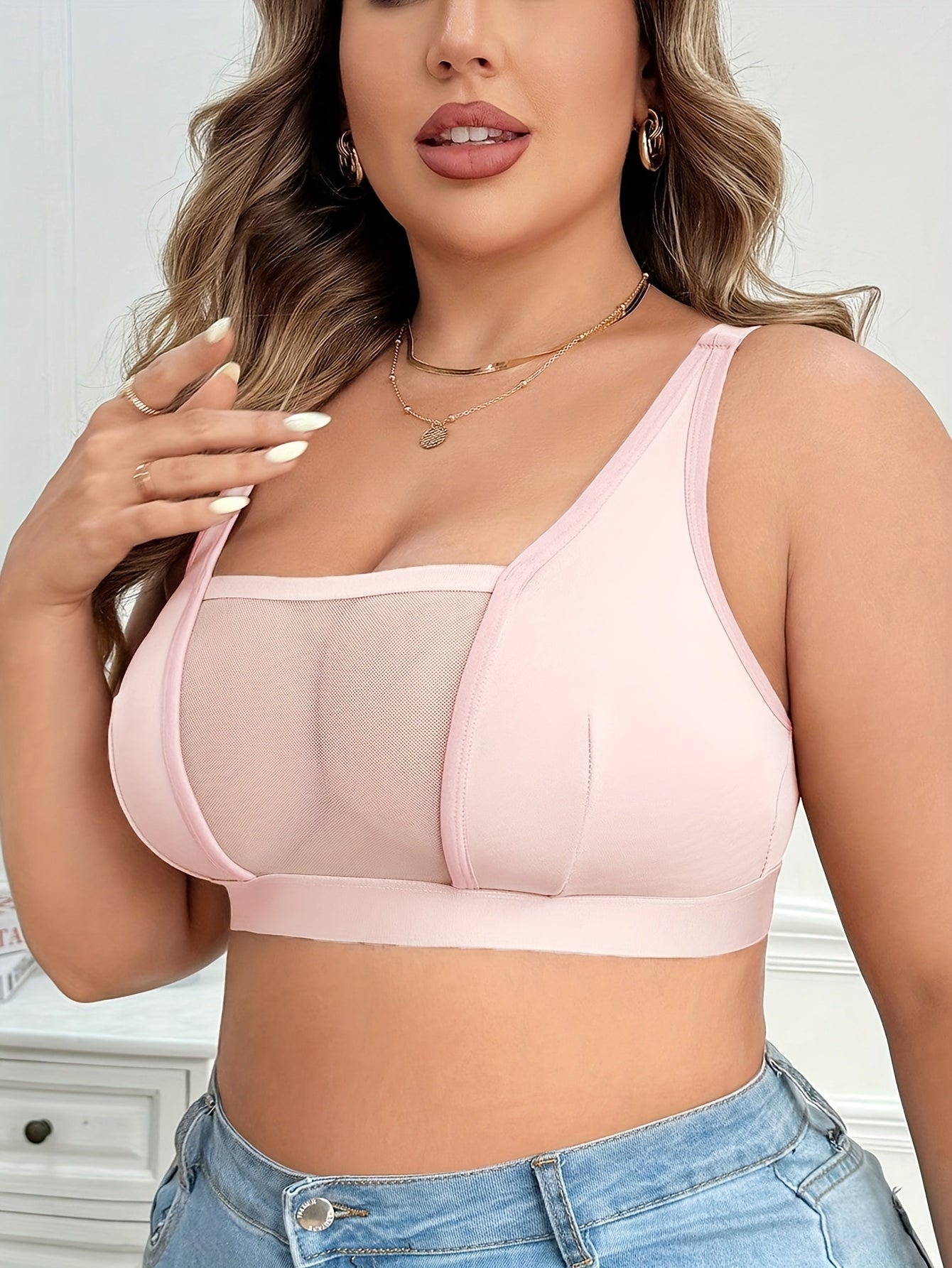 Soutien-Gorge Sans Fil Grande Taille Femme — 90% Polyester, Maille Contrastée, 3 Coloris, L-4XL
