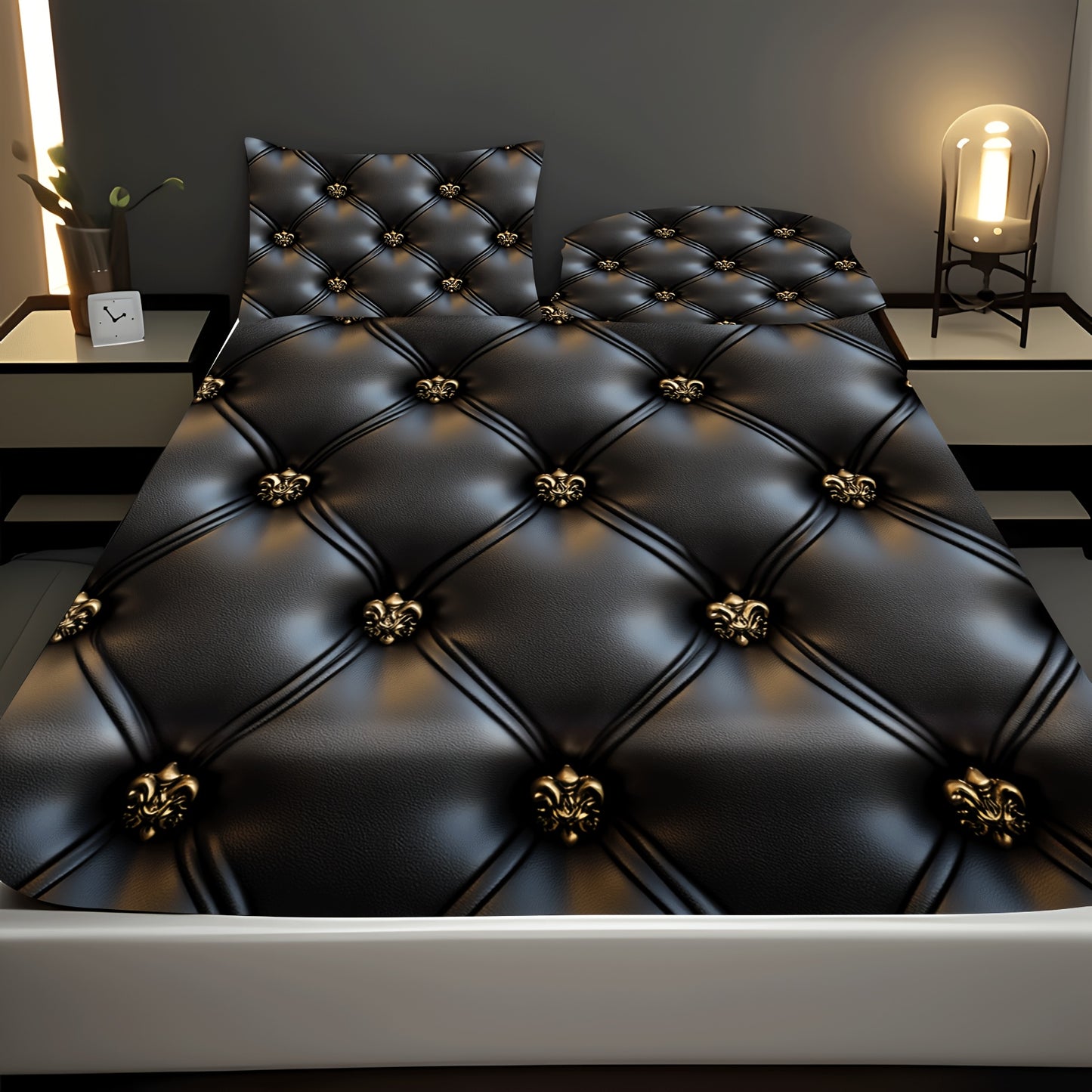 Ensemble Drap-Housse Capitonné 3 Pièces — Motif Cuir Noir & Boutons Dorés, 100% Polyester, 10 Tailles