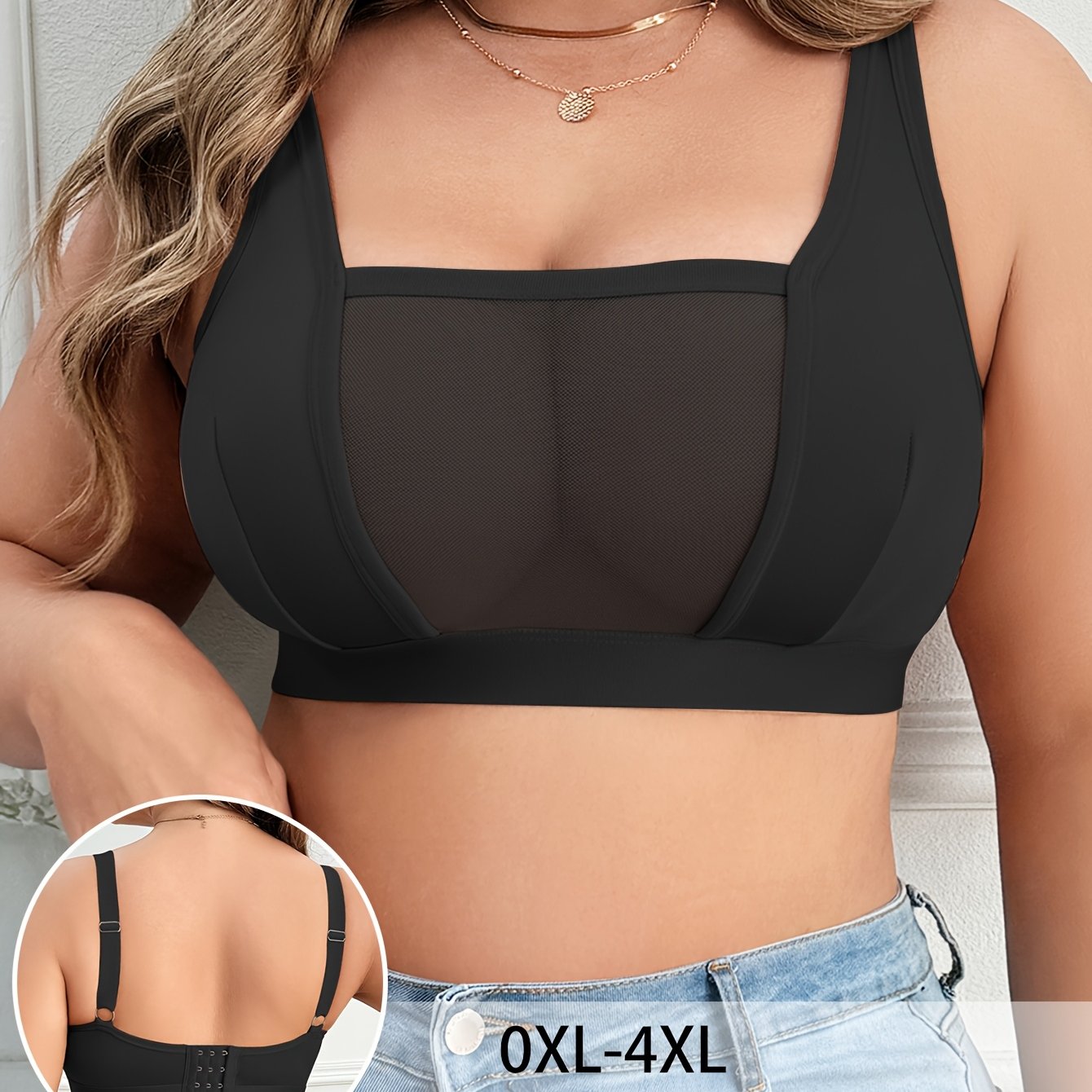 Soutien-Gorge Sans Fil Grande Taille Femme — 90% Polyester, Maille Contrastée, 3 Coloris, L-4XL