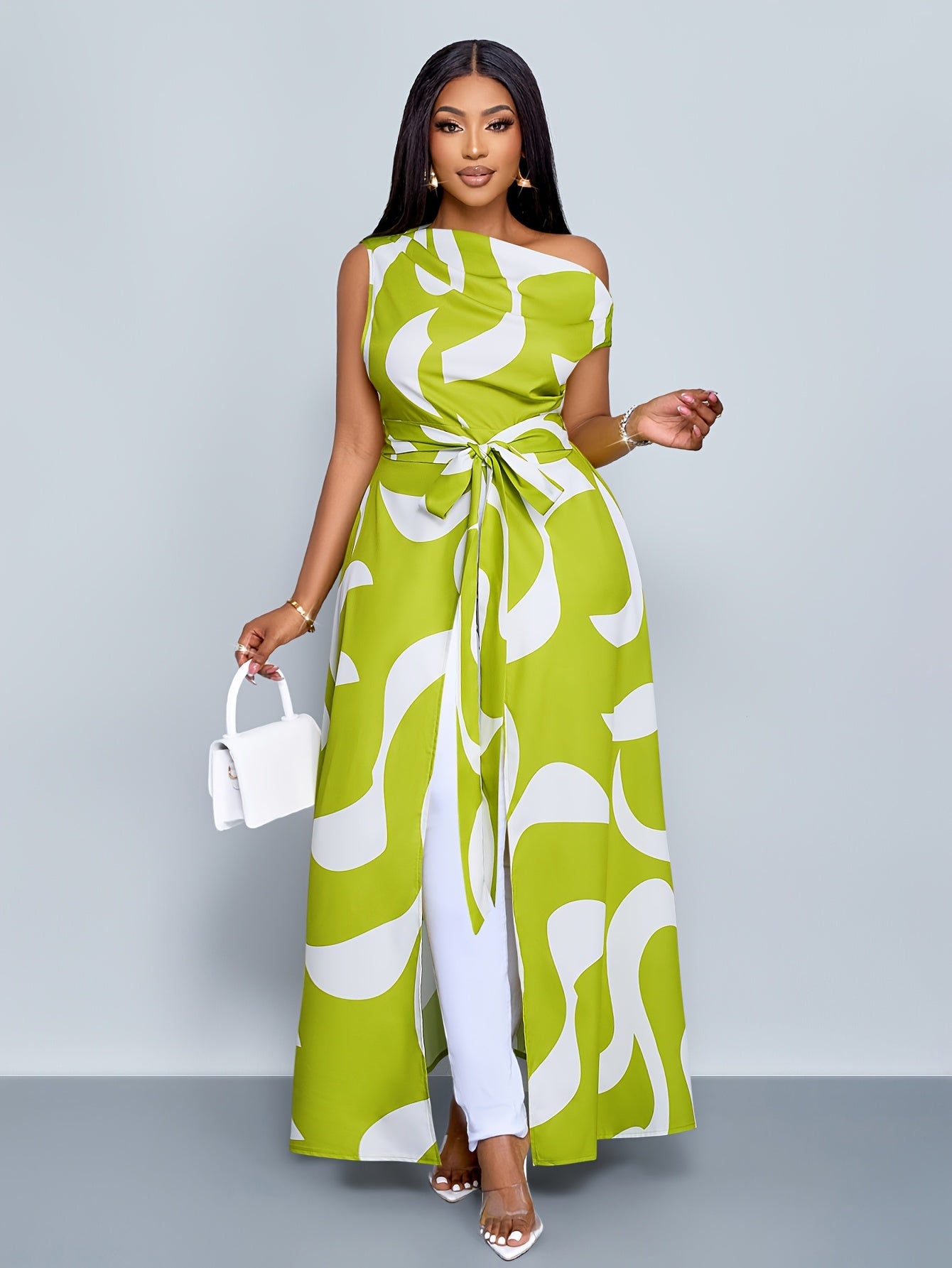 Robe maxi femme grande taille unie - Col asymetrique, epaules denudees, ourlet asymetrique, extensible, vert, L a 3XL