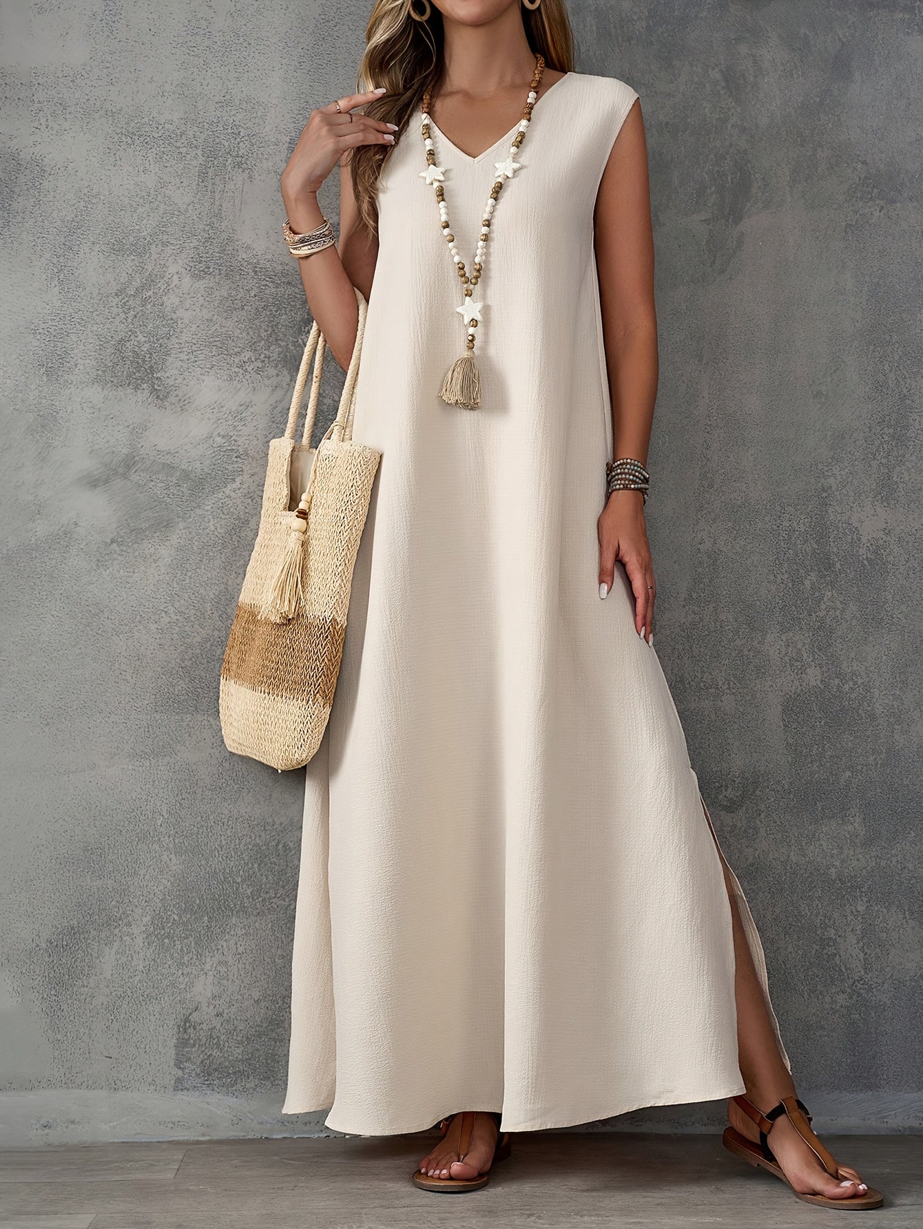 Robe Fendue Grande Taille Femme — Sans Manches, Col en V, Motif Géométrique, Beige, 1XL-4XL