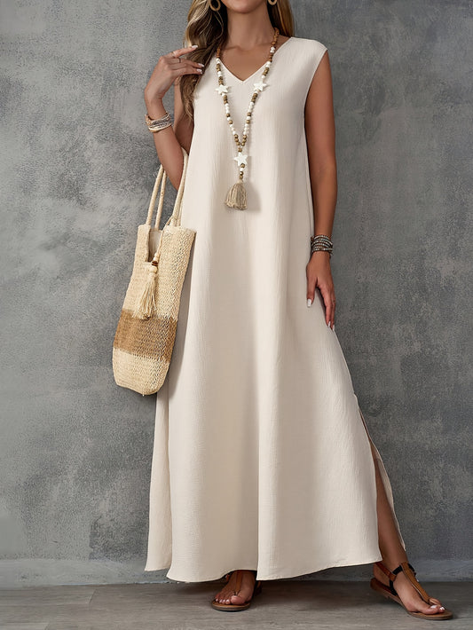 Robe Fendue Grande Taille Femme — Sans Manches, Col en V, Motif Géométrique, Beige, 1XL-4XL