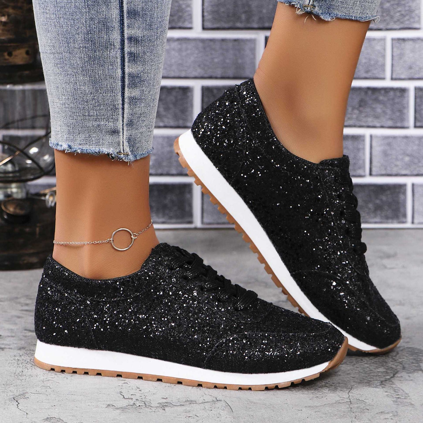Chaussures Plates Paillettes Femme – Lacets, Bout Rond, Semelle Caoutchouc