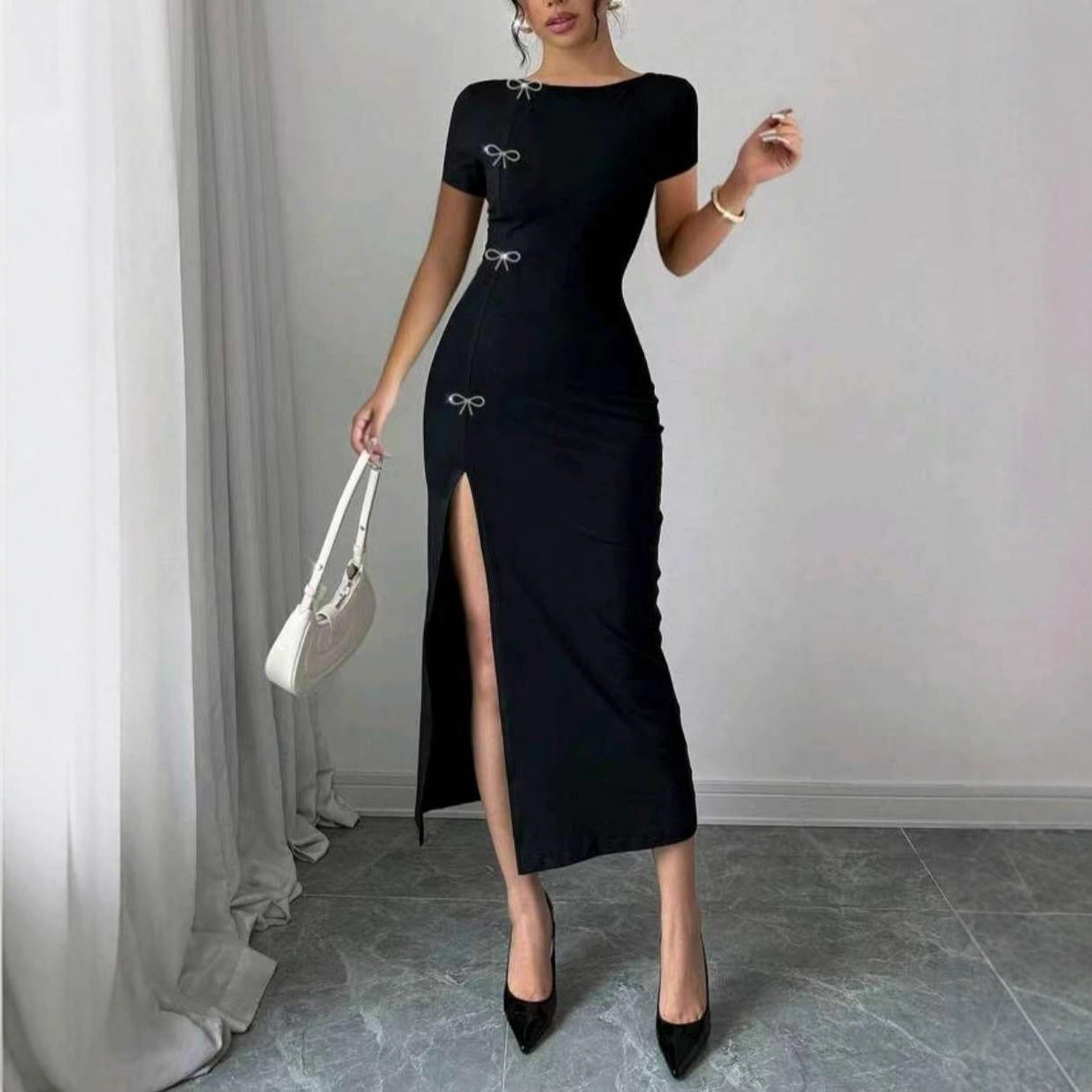 Robe Maxi Cintree Noeud Papillon Femme - Manches Courtes, Style Gilet, Infroissable