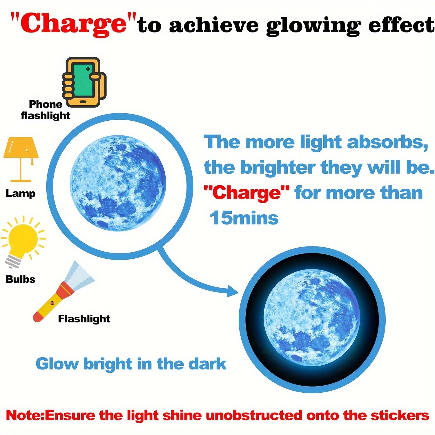 Two blue round moon stickers shown glowing with icons for phone flashlight, lamp, bulbs, and flashlight.