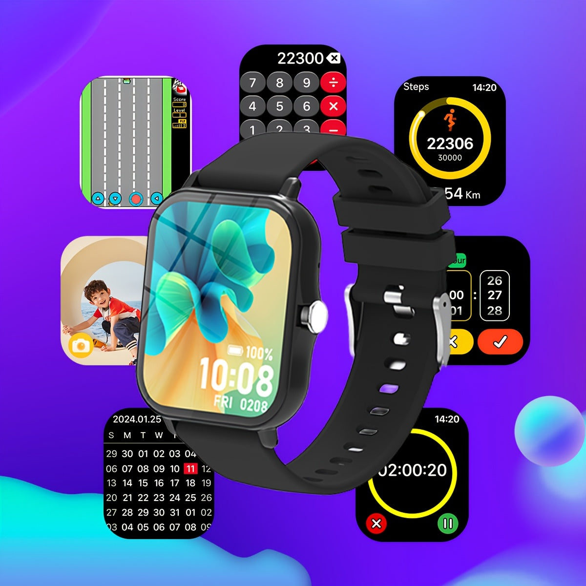 Montre Connectee Enfants Educative - Jeux, Musique, Photo Distance, Calculatrice, Reveil, Bracelet Silicone, 4 Coloris