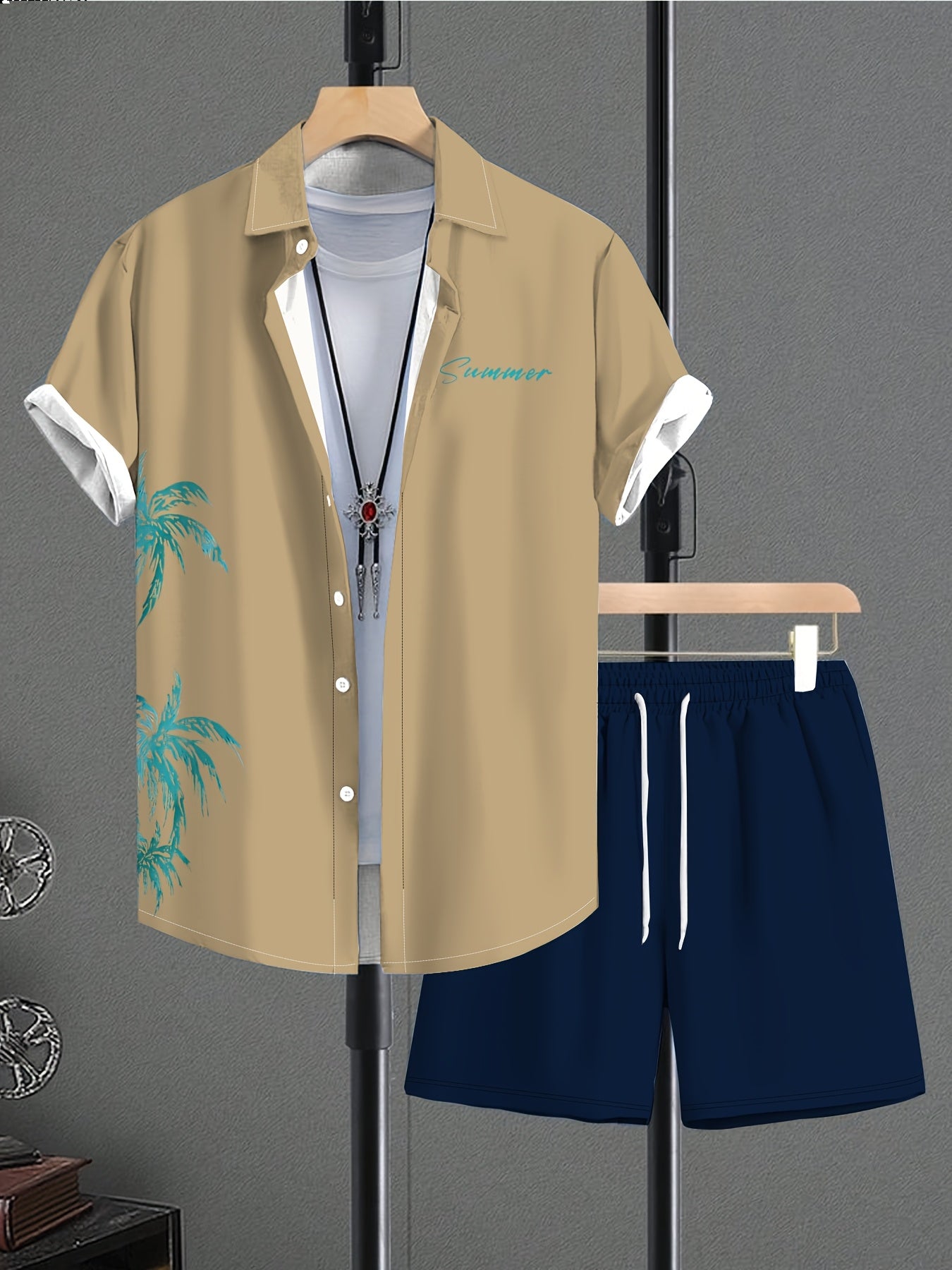 Ensemble Chemise Manches Courtes et Short Imprime Homme - Tenue Ete Decontractee