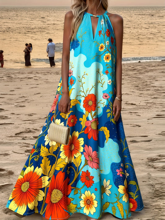 Robe Longue Sans Manches Imprimé Floral – Col Rond, Coupe Trapèze, Style Décontracté Printemps-Été