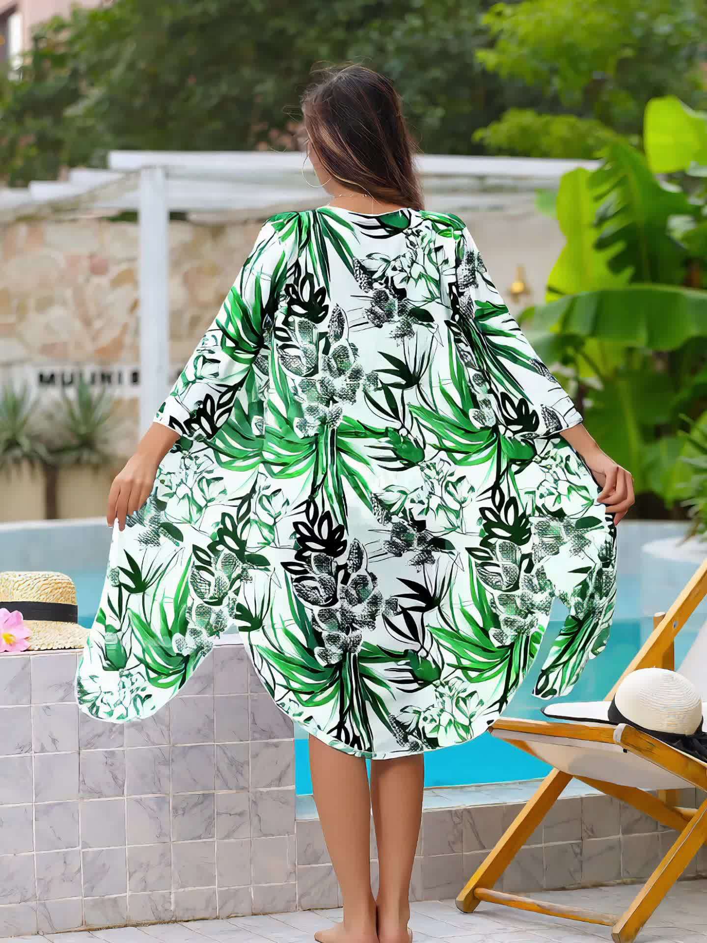 Ensemble 2 pièces femme maillot une pièce + paréo imprimé végétal vert - Rembourrage amovible, manches 3/4