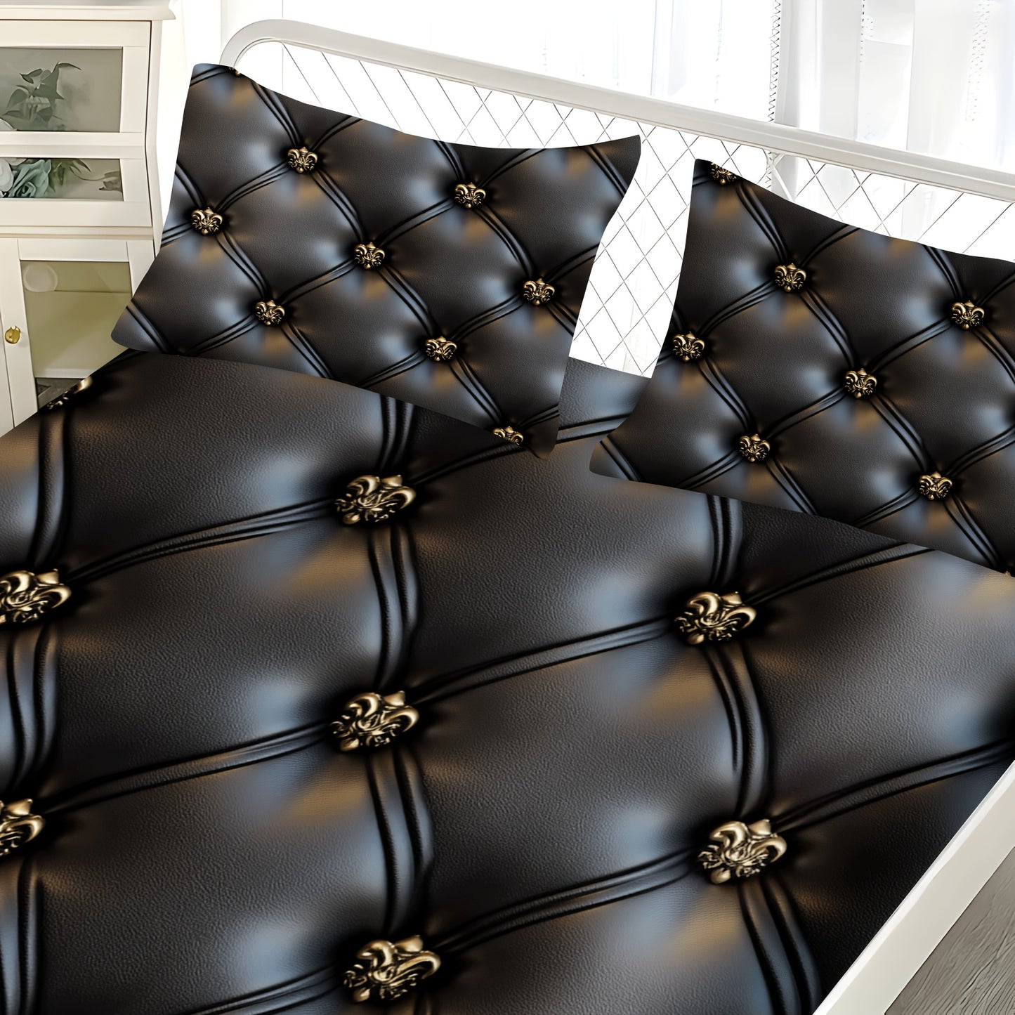 Ensemble Drap-Housse Capitonné 3 Pièces — Motif Cuir Noir & Boutons Dorés, 100% Polyester, 10 Tailles