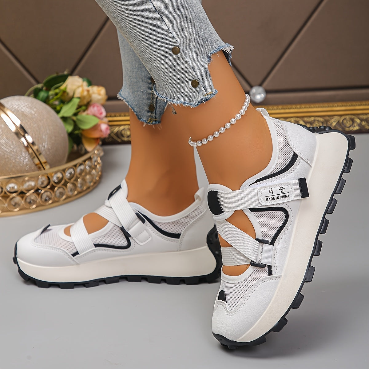 Baskets Femme Ete Respirantes Maille Velcro Semelle Caoutchouc - Couleur Unie Beige Blanc EU 35-40