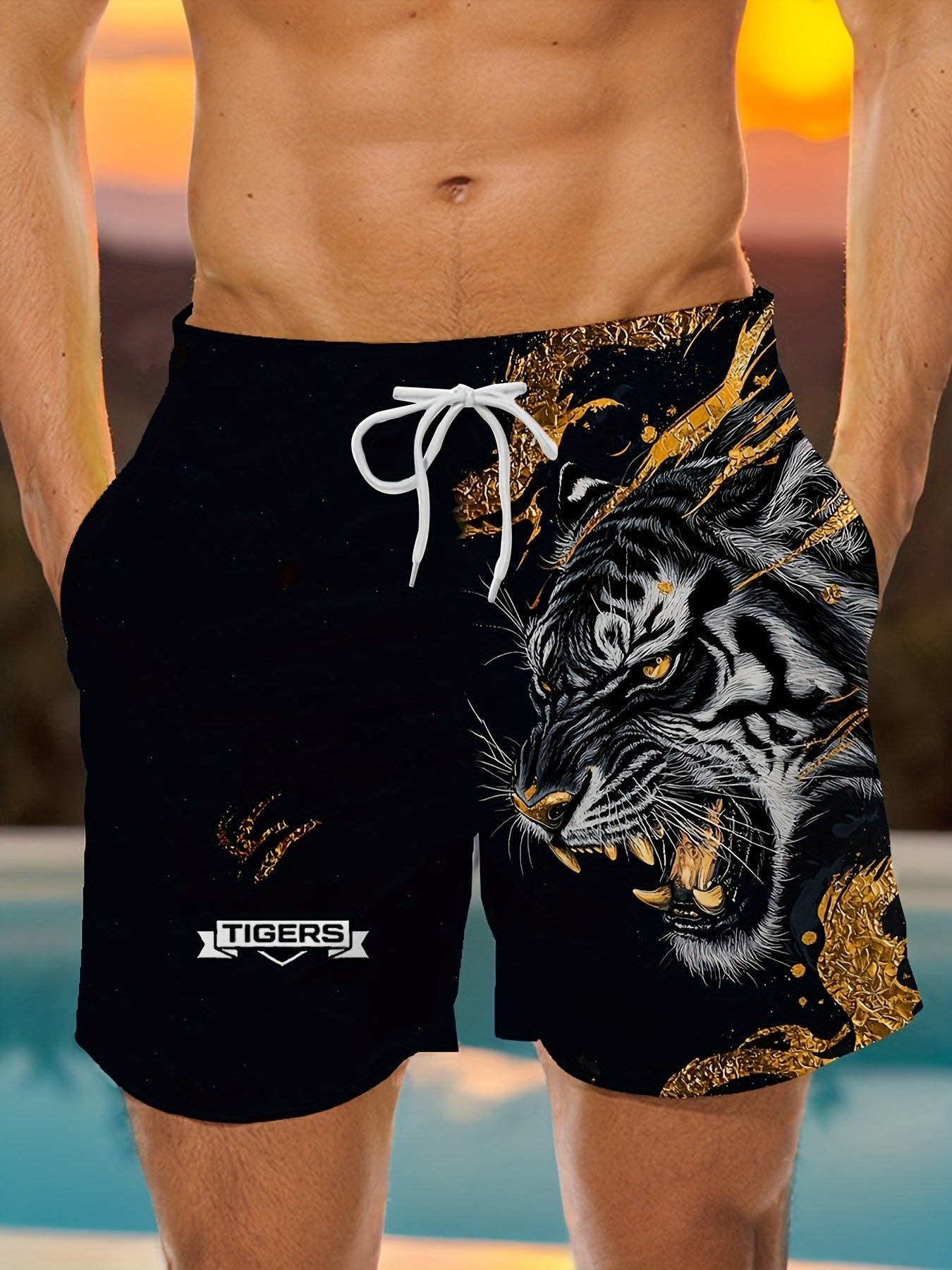 Short Homme Motif Tigre Noir et Or Cordon Serrage 100% Polyester Coupe Standard - Decontracte Plage FR S-XXL