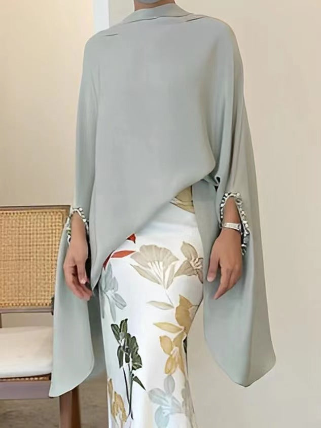 Ensemble 2 pieces femme - Haut manches trompette et jupe mi-longue asymetrique imprimee, gris