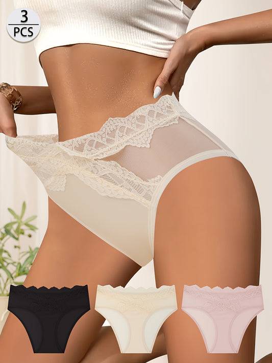 Lot de 3 Culottes Femme en Dentelle Patchwork - Brief Mi-Haute, Style Sexy