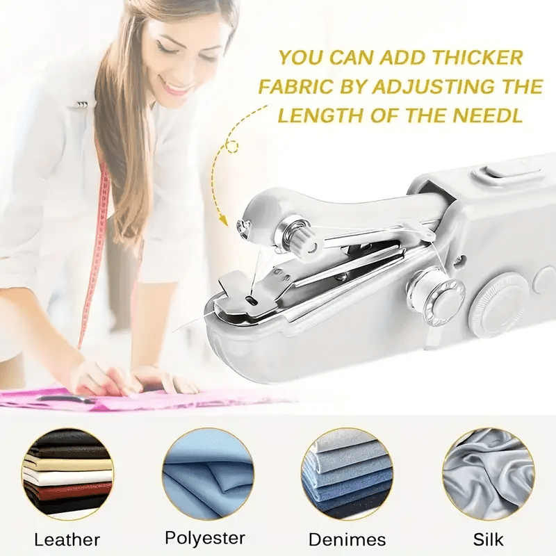 Portable and compact sewing machine, battery-operated, with adjustable needle for various fabric types like leather and silk.